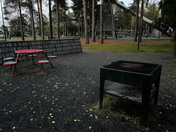 Bänkbord och eldstad med lekplatsen i bakgrunden