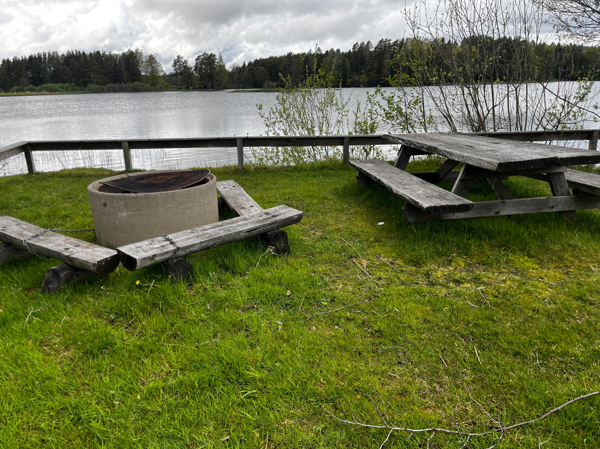 Eldstad med galler och bänkbord intill