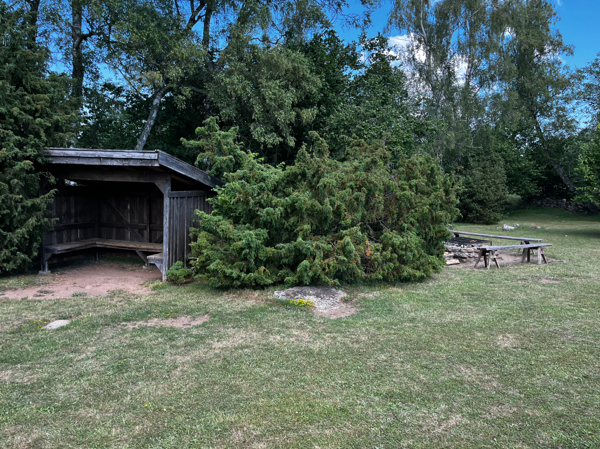 Eldstad och vindskydd ligger på var sin sida om ett buskage