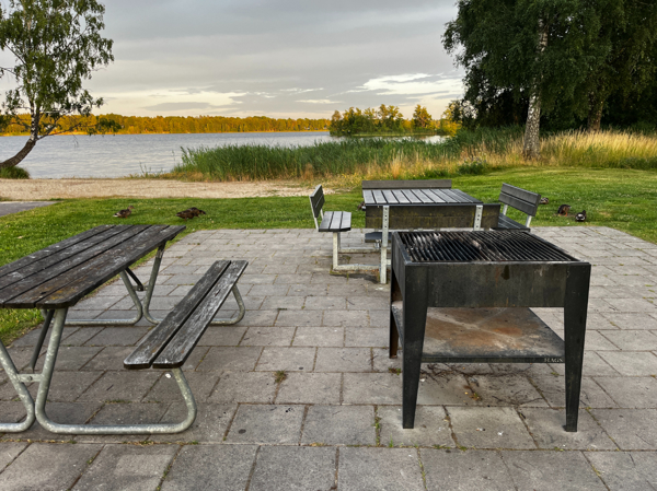 Grill och bänkbord nära stranden